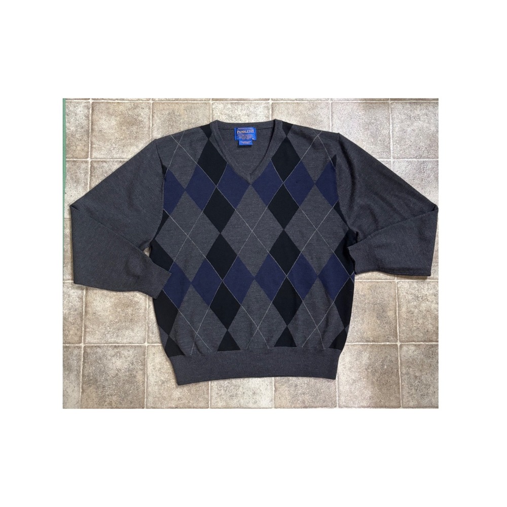 Pendleton Mens Argyle V-Neck Sweater Grey Navy Blue 100% Merino Wool Size S